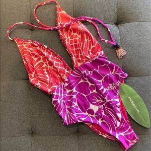 Farm Rio One piece plunge floral swimsuit medium